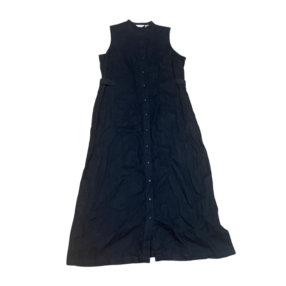 VTG J.Jill Women's L Black Linen Sleeveless Button Front Lagenlook Maxi Dress